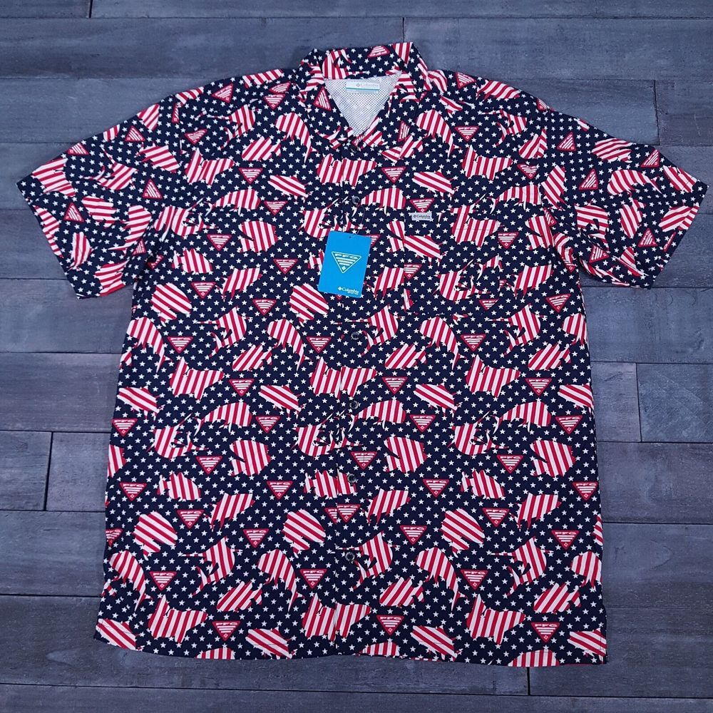COLUMBIA PFG Trollers Best Vented Patriotic USA‎ Fishing Shirt Men's Size LARGE
